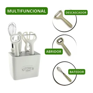 Kit de Utensílios de Cozinha com 6 Peças Antirrisco em Silicone e Madeira